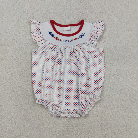 Embroidery SR3706 July 4th Bows Red Blue Dot Flutter Sleeve Girls Romper