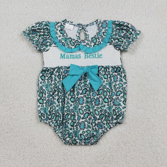 Embroidery SR3863 Mama's Bestie Turquoise Short Sleeve Girls Romper