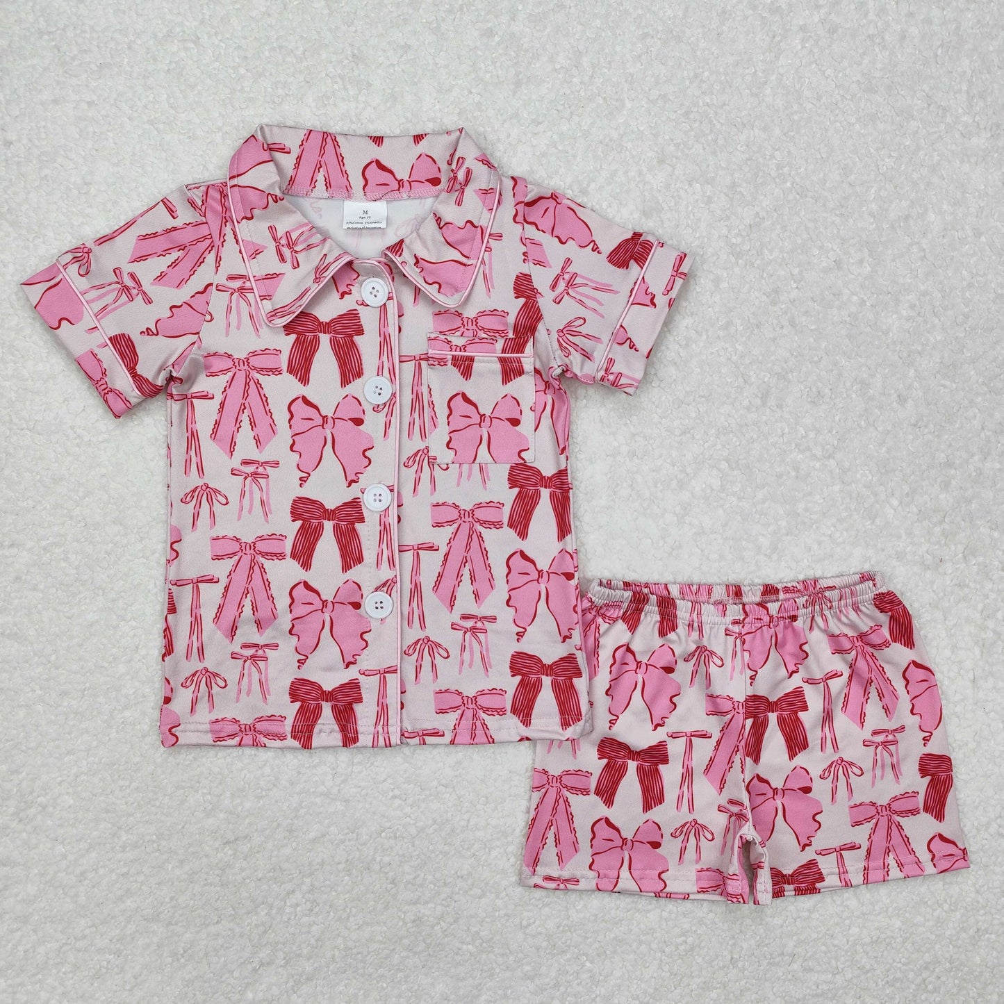 GSSO1718 Pink Bows Short Sleeve Shorts Girls Buttons Pajamas
