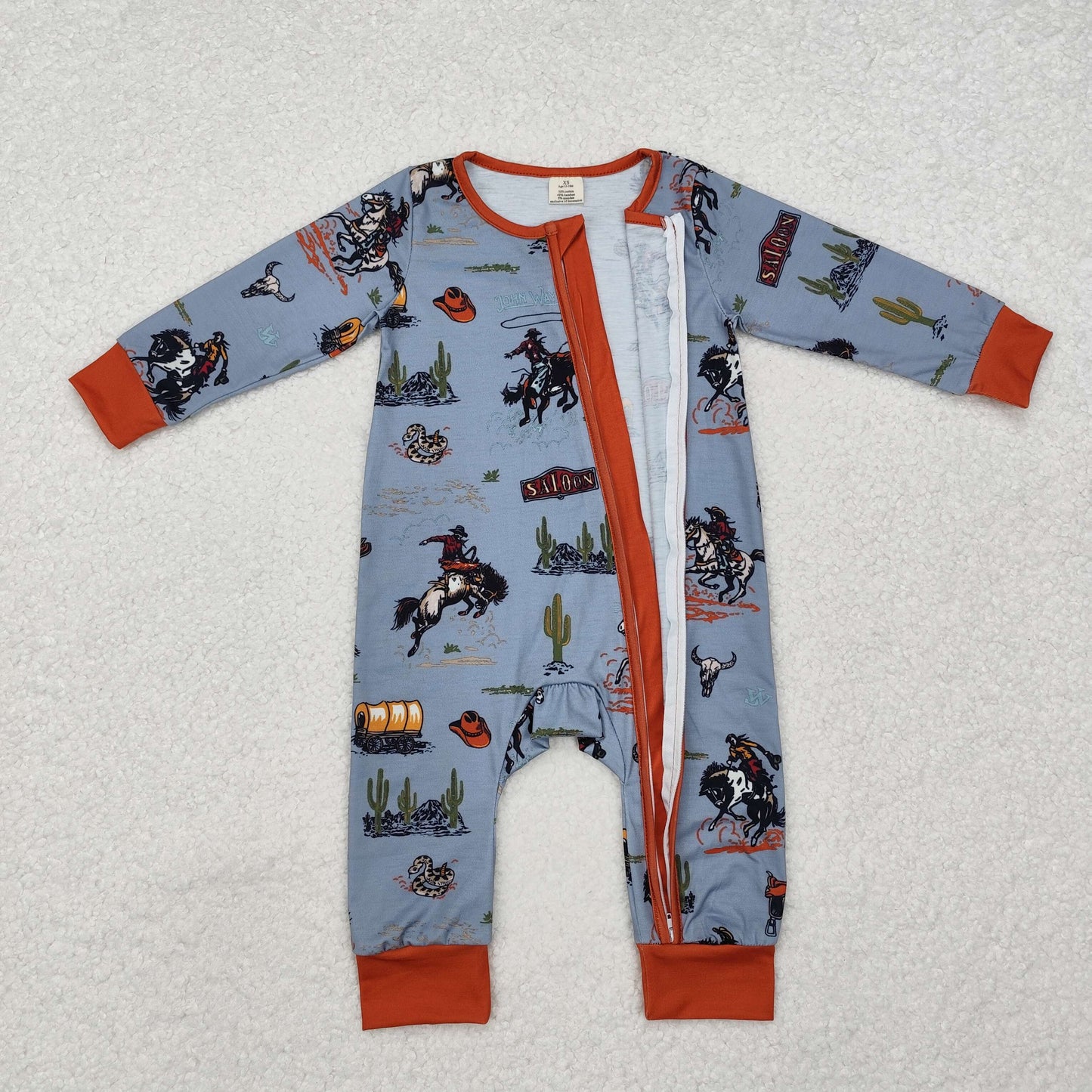 bamboo LR1858 Western rodeo cactus blue long sleeve zipper boys romper