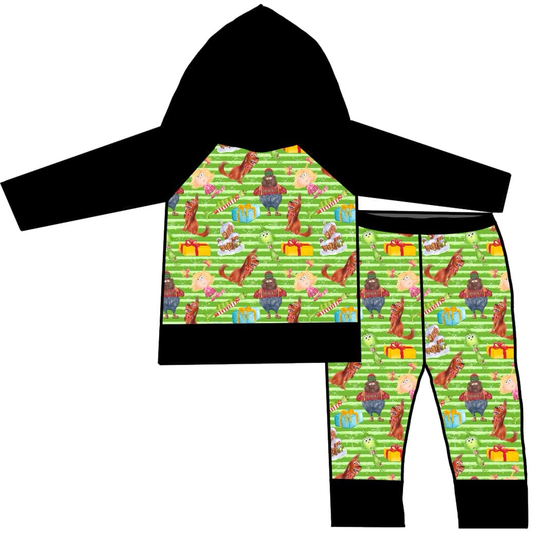 custom cartoon dog girl green face striped hoodie long sleeve pants boys set