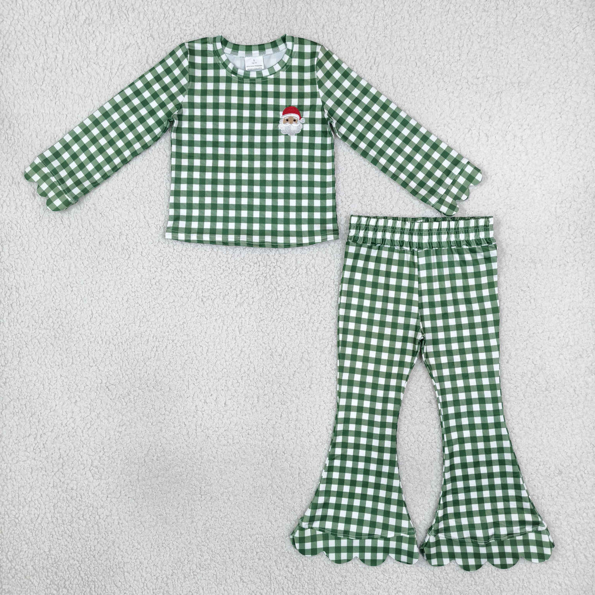 Embroidery GLP3589 Christmas Santa Green Checkered Long Sleeve Pants Girls Set
