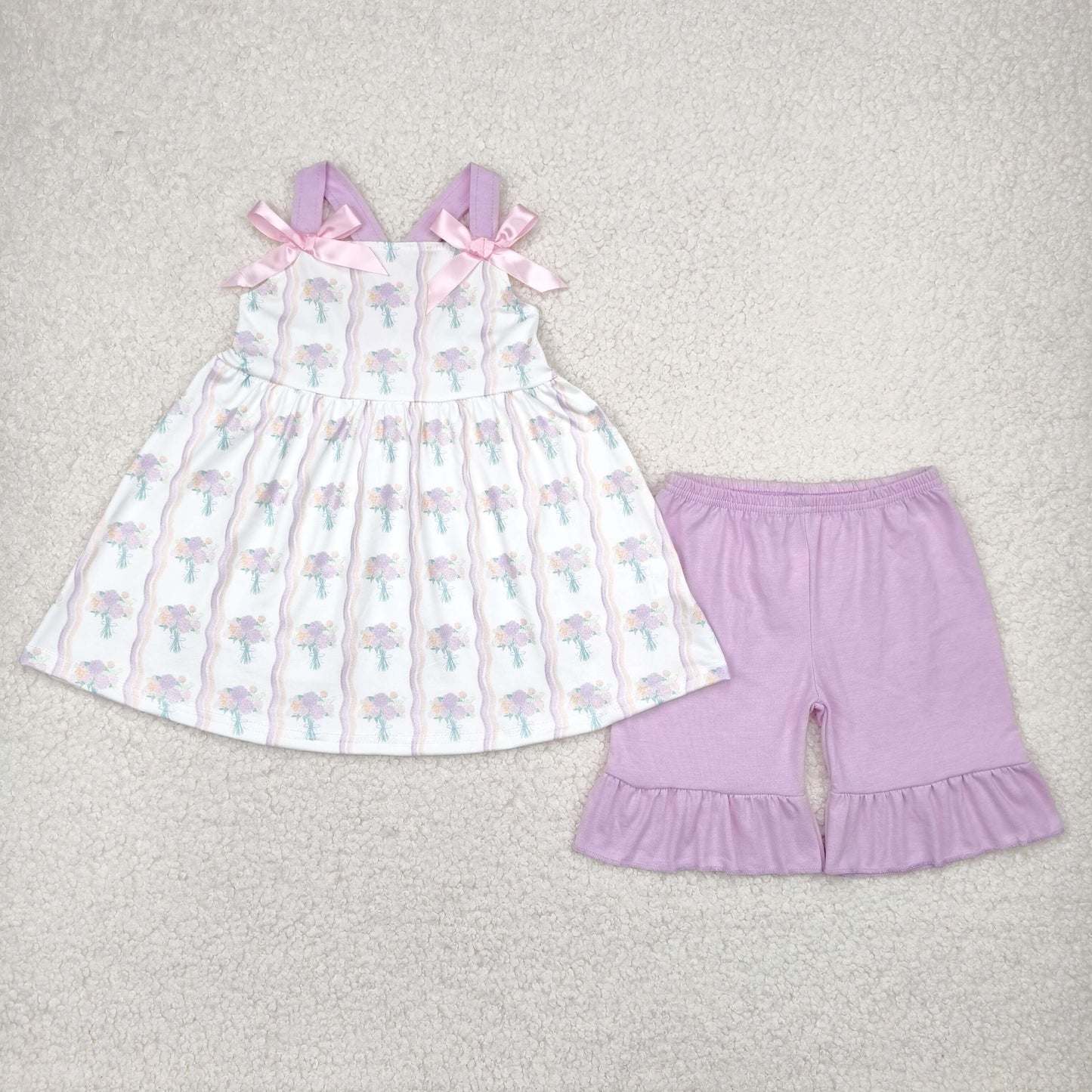GSSO2430 purple flowers with bows camisole purple shorts girls set