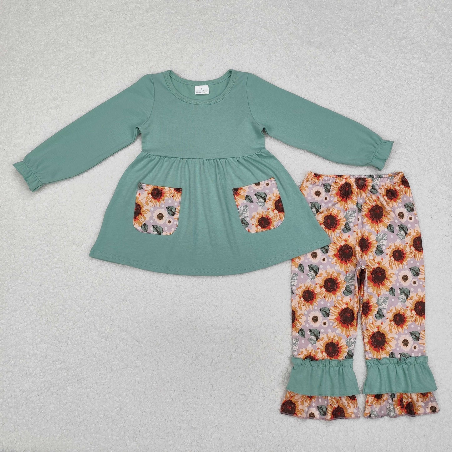GLP1612 green pockets long sleeve sunflowers pants girls set