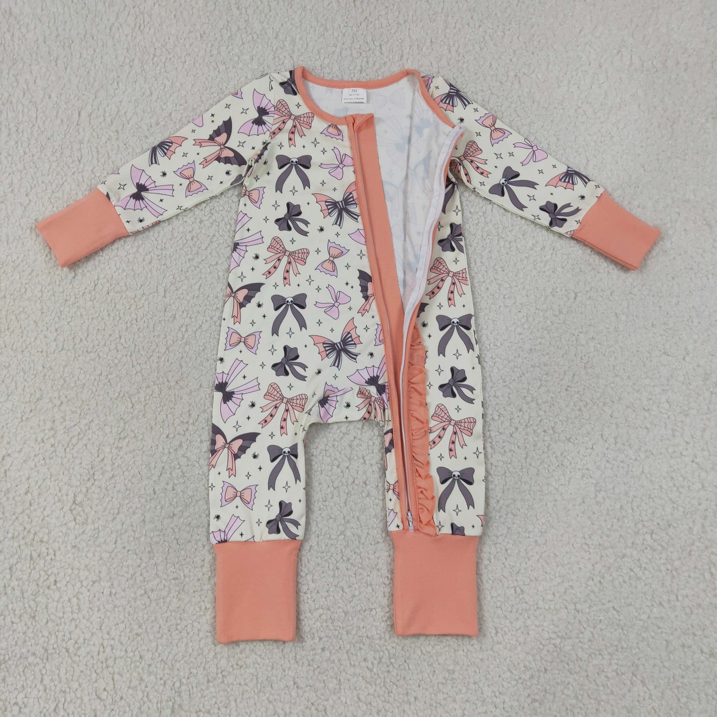 LR3078 Halloween Bows Pink Zipper Long Sleeve Girls Romper