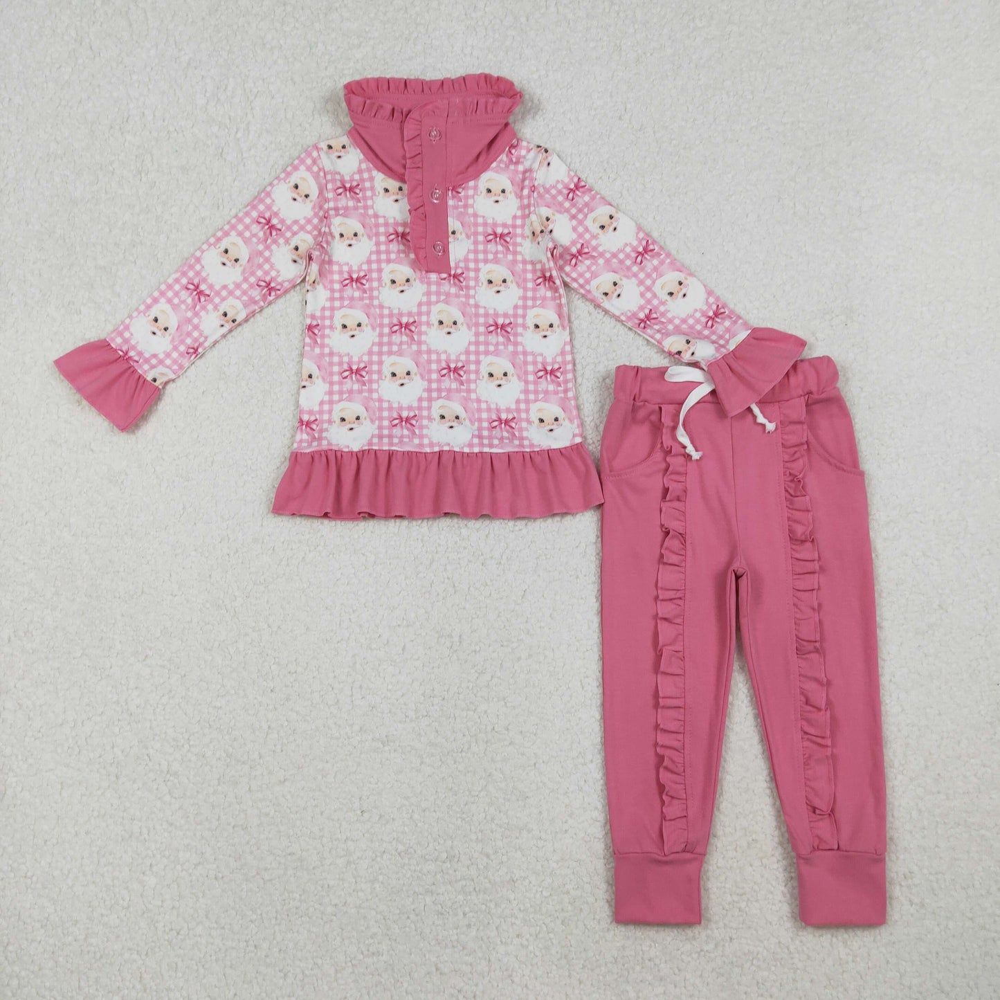 GLP2881 Christmas Santa pink checkered long sleeve pants girls set