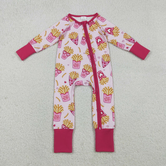 LR2843 Valentine's Day heart chips hot pink zipper long sleeve girls romper