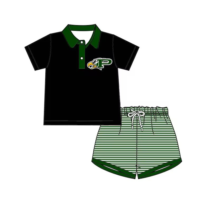 custom style EAGLES black short sleeve green striped shorts boys set