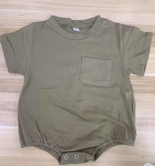 custom S green pocket short sleeve cotton romper