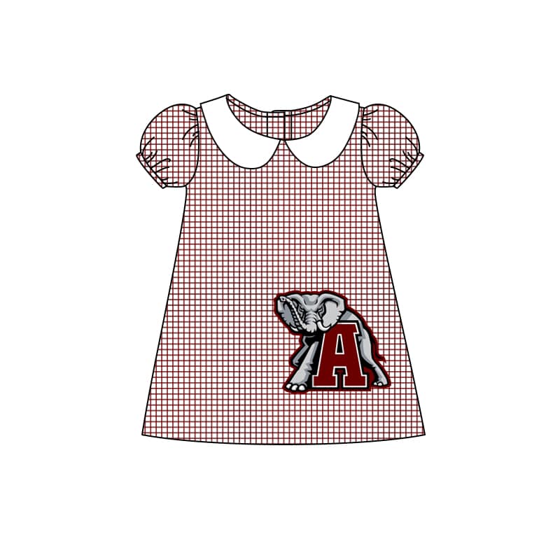 custom style football team Alabama elephant maroon checkered short sleeve girls dress