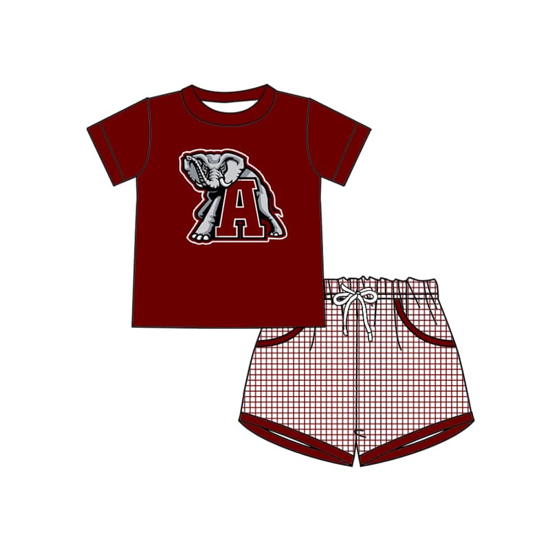 custom style football team Alabama elephant maroon short sleeve checkered shorts boys set