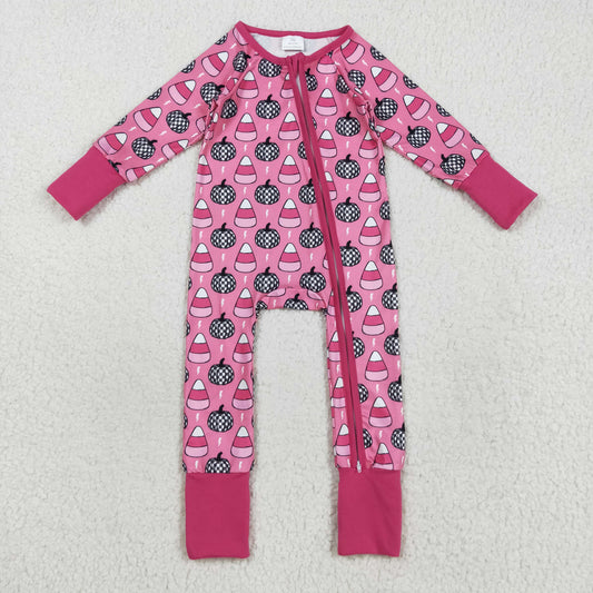 Custom moq 20 bamboo Halloween corn candy pumpkin pink zipper long sleeve girls romper