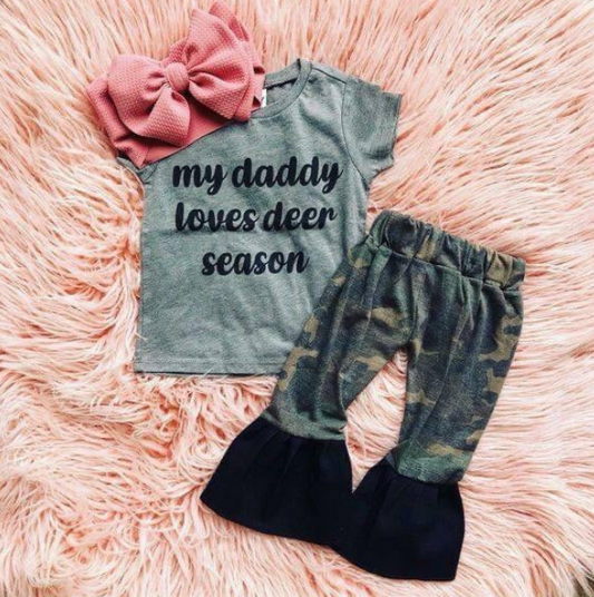 custom 11.11 My daddy loves deer season short sleeve camo pants girls set
