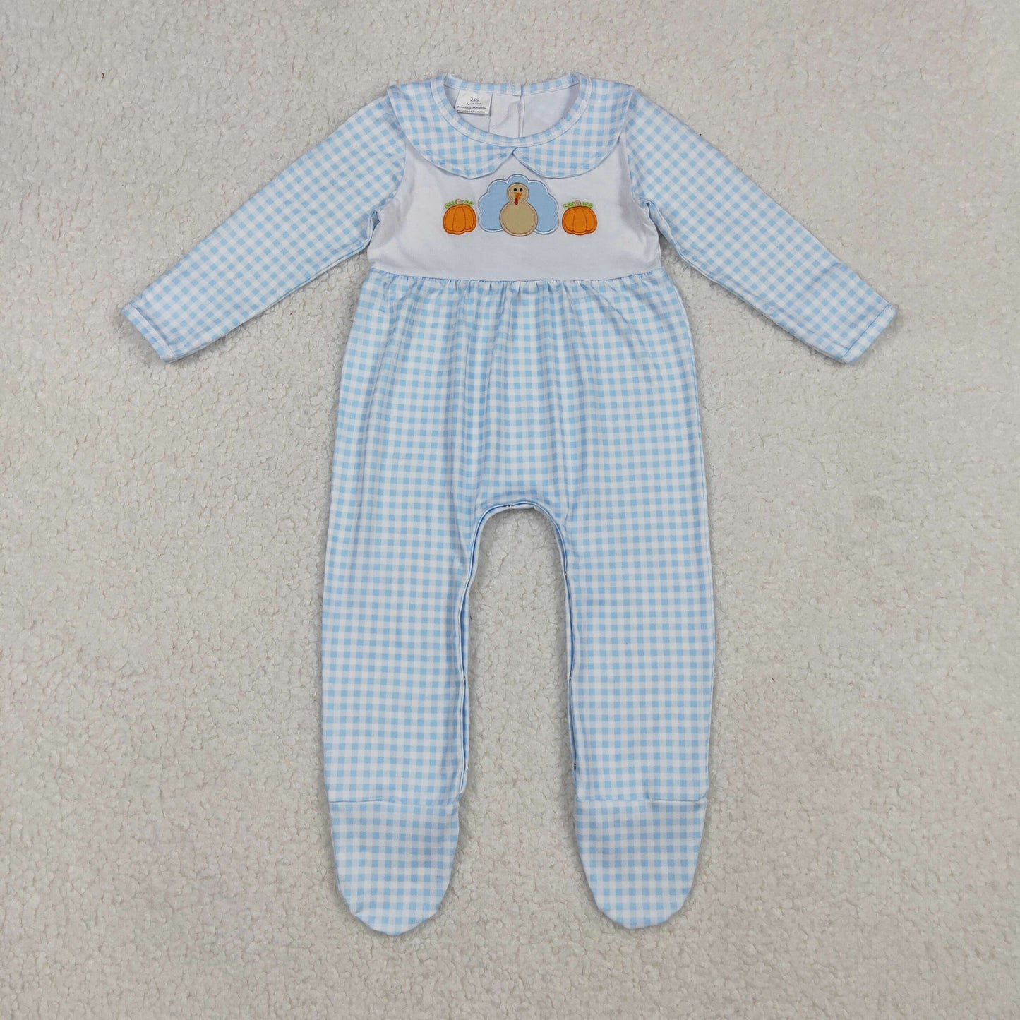 embroidery LR2561 Thanksgiving turkey pumpkin blue checkered long sleeve girls romper
