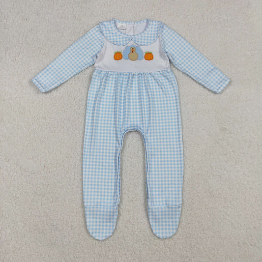 embroidery LR2561 Thanksgiving turkey pumpkin blue checkered long sleeve girls romper