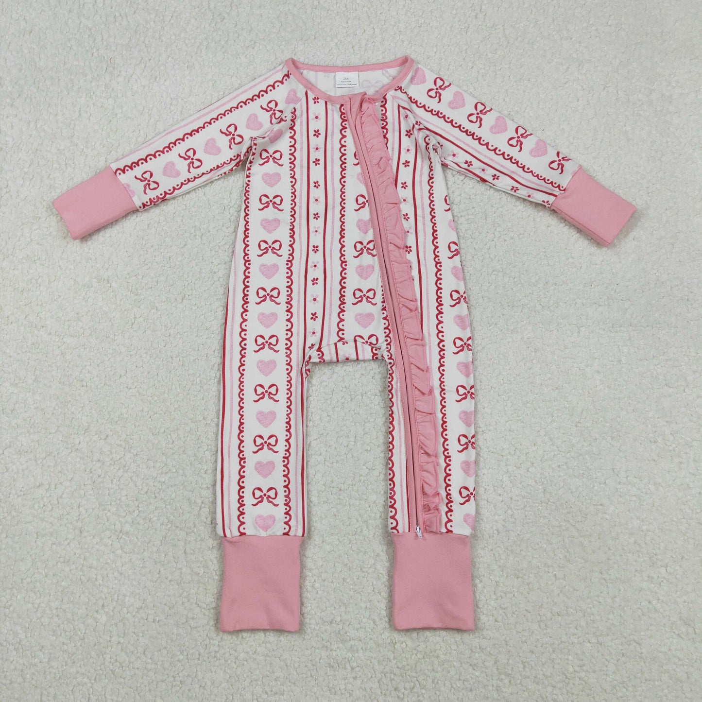 LR2781 red pink bows heart long sleeve zipper girls romper