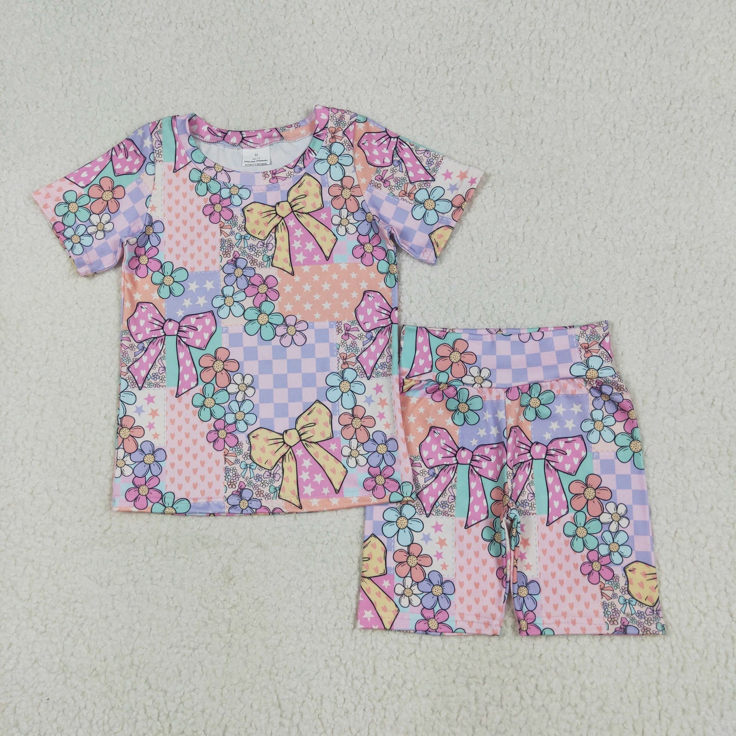 GSSO2509 colorful heart bows flowers checkered short sleeve shorts girls set
