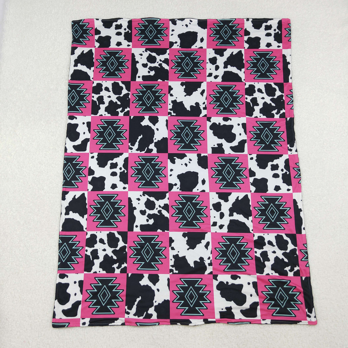 BL0178 Western Aztec cow print hot pink checkered baby blanket