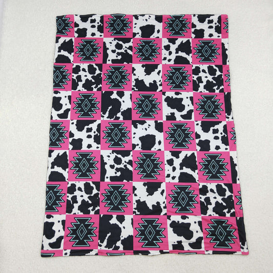 BL0178 Western Aztec cow print hot pink checkered baby blanket