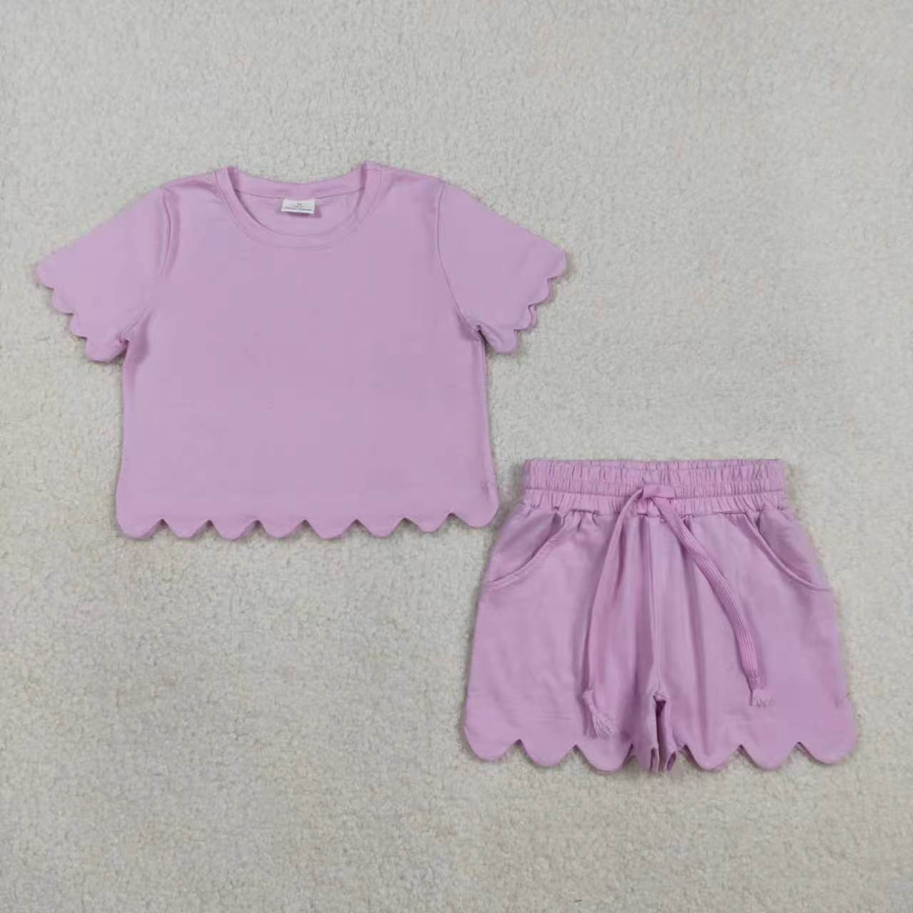 Solid Color Scallop Short Sleeve Shorts Girls Set RTS Sibling Clothes