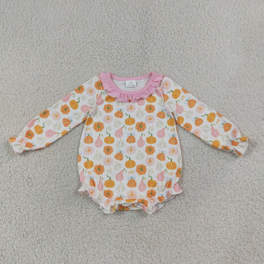 LR3098 Thanksgiving Pumpkin Long Sleeve Girls Romper