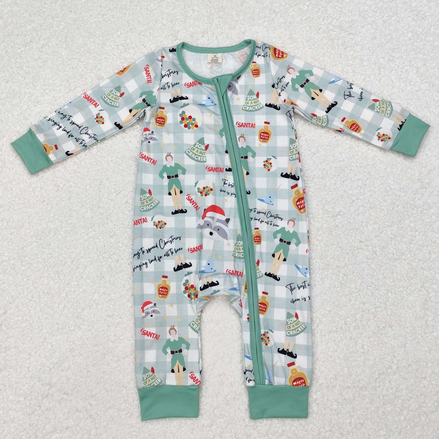 bamboo LR1641 Christmas cartoon animals green checkered long sleeve zipper boys romper