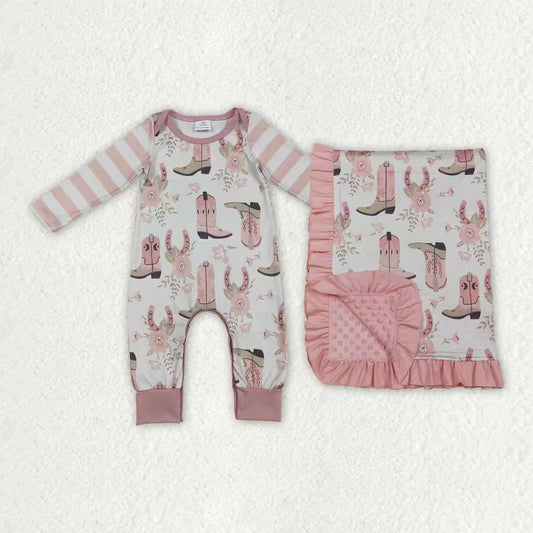 Western Boot Pink Romper/Blanket Sibling Clothes