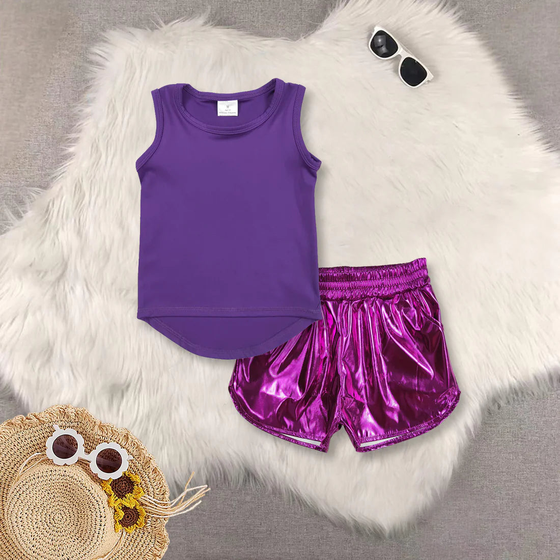 yoga purple sleeveelss top purple leather shorts girls set GT0996+SS0412