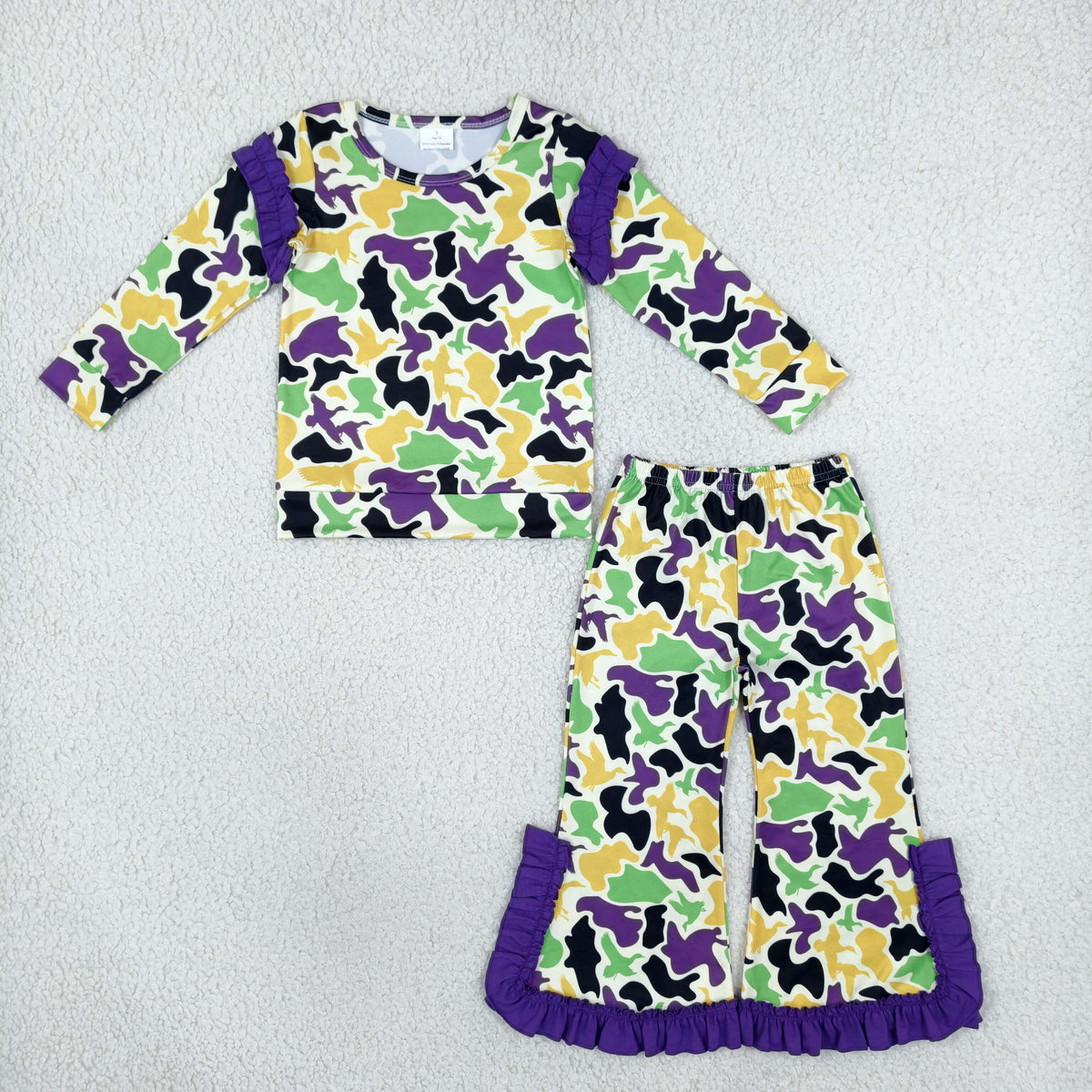 GLP3871 Mardi Gras Camo Long Sleeve Pants Girls Set