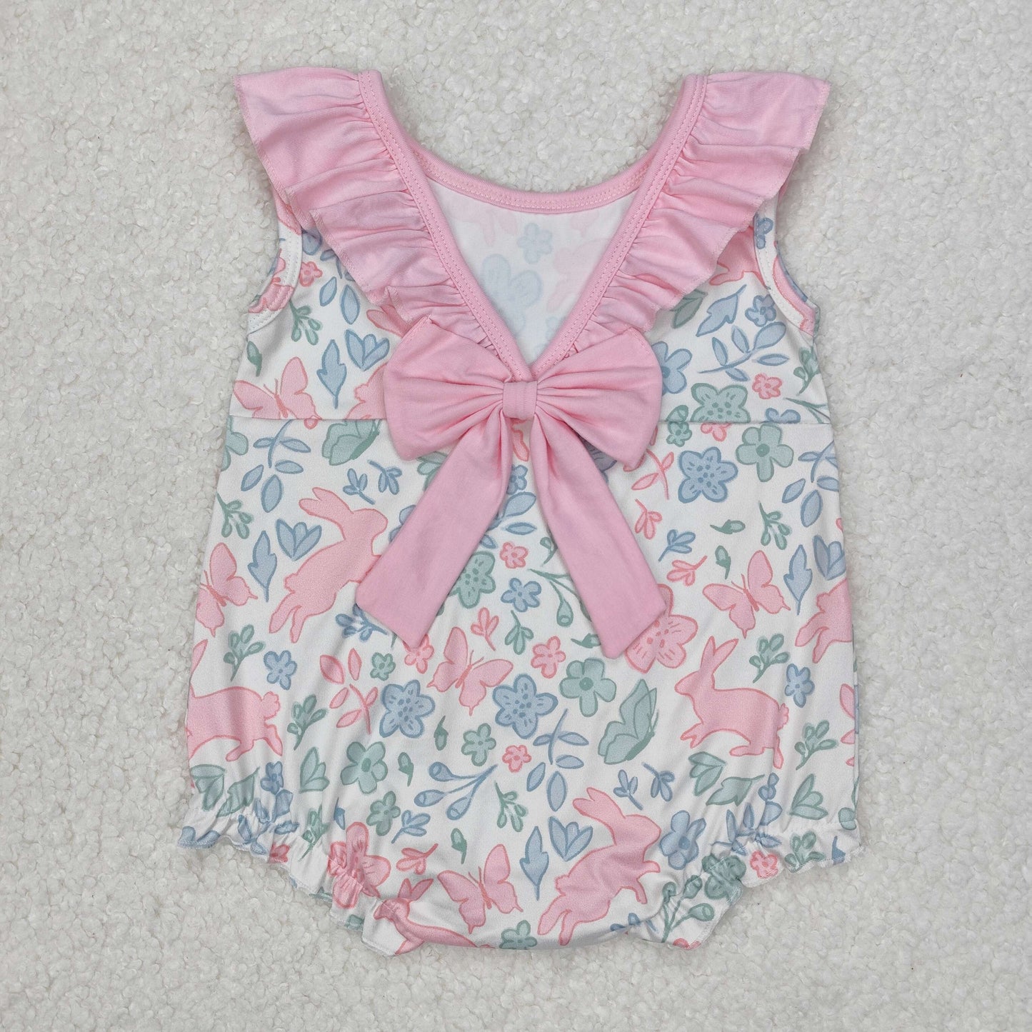 SR2546 Easter bunny rabbit pink flowers with bow romper