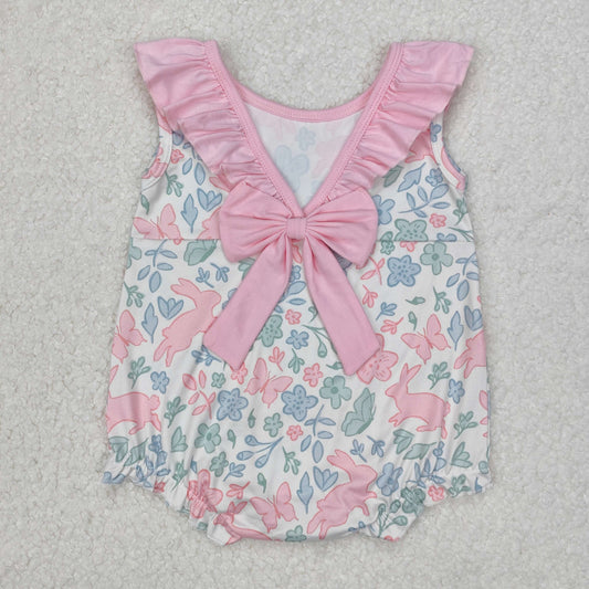 SR2546 Easter bunny rabbit pink flowers with bow romper