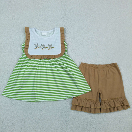 GSSO3432 Mallard Duck Green Flutter Sleeve Brown Shorts Girls Set