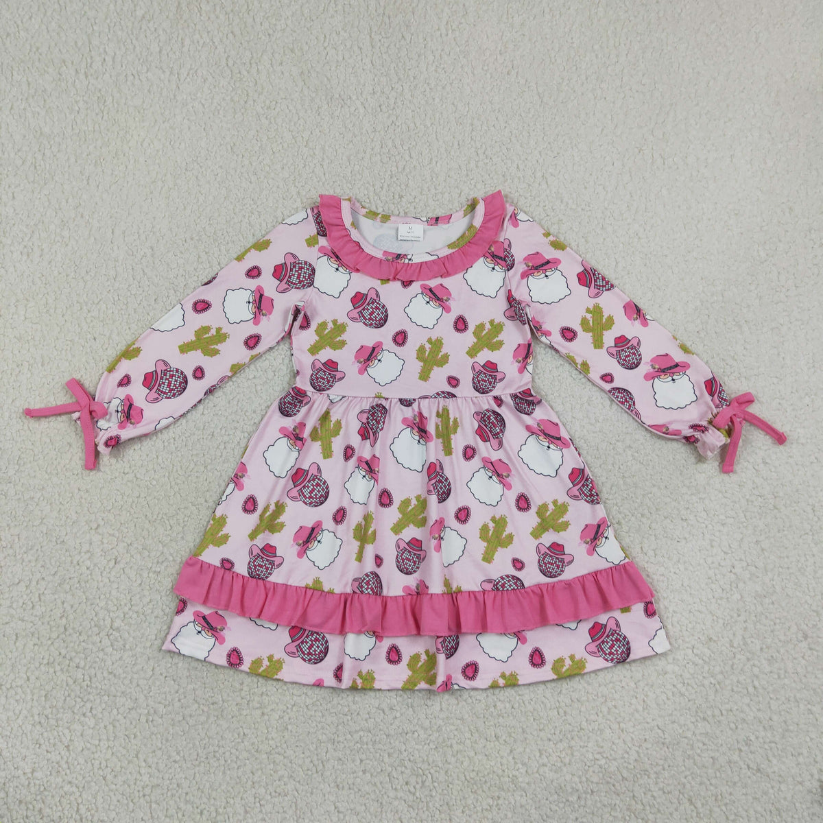 GLD0753 Christmas Western Santa cactus hot pink long sleeve girls dress