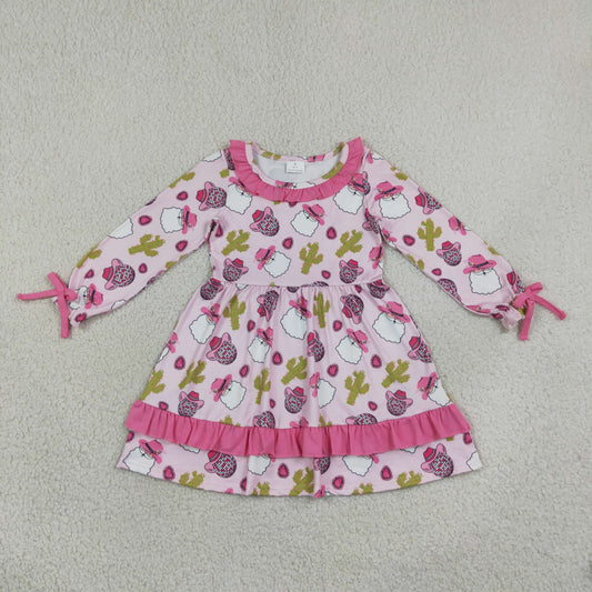 GLD0753 Christmas Western Santa cactus hot pink long sleeve girls dress