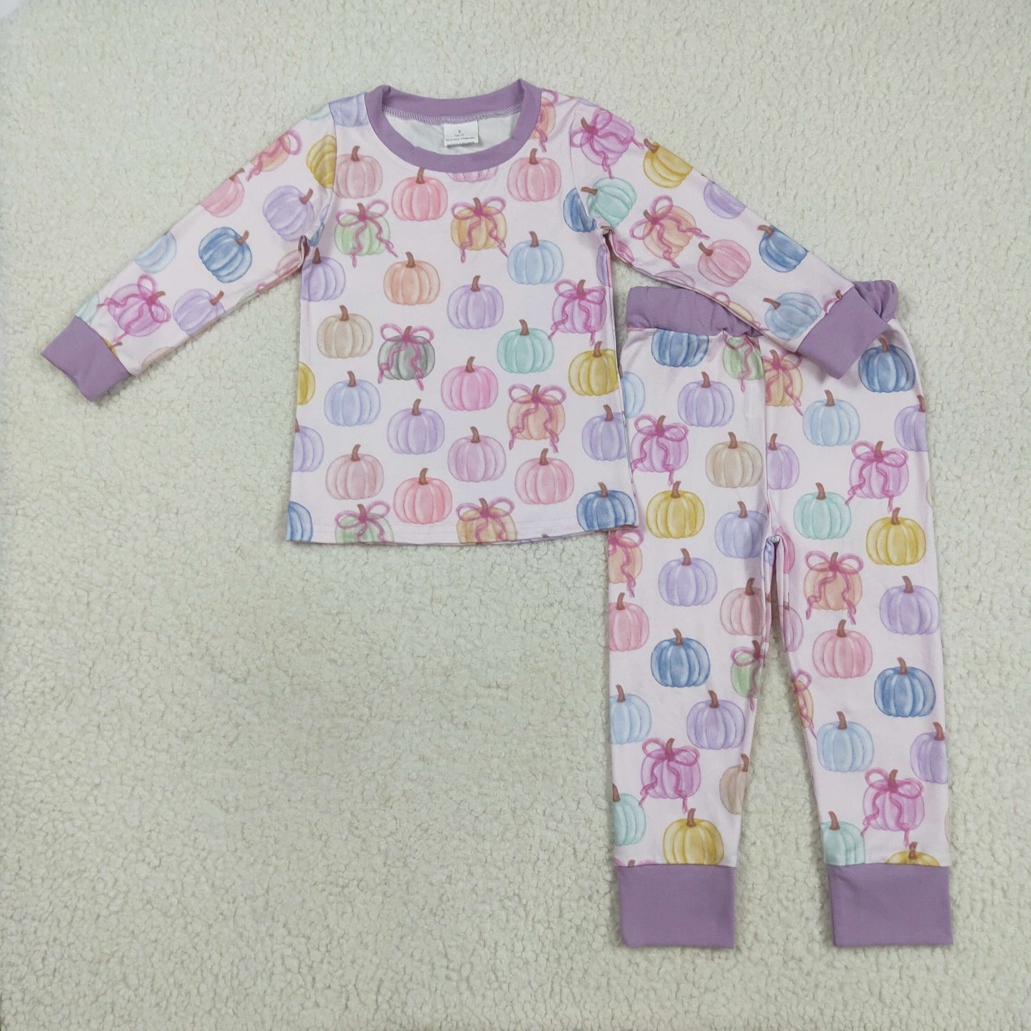 GLP2597 colorful pumpkin bows purple long sleeve pants girls pajamas