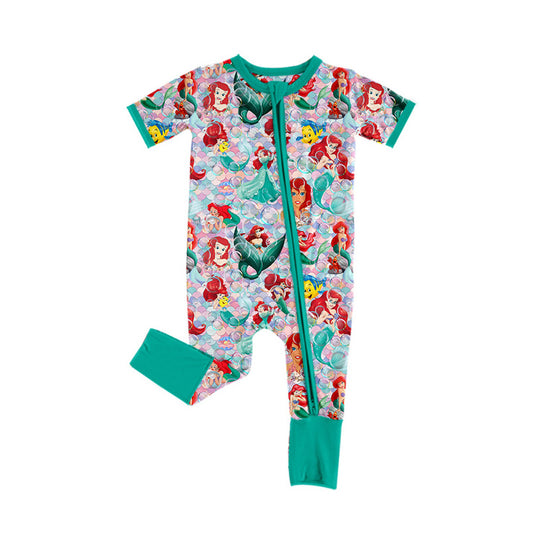 MOQ 3 Custom Cartoon Princess Mermaild Green Short Sleeve Zipper Girls Romper