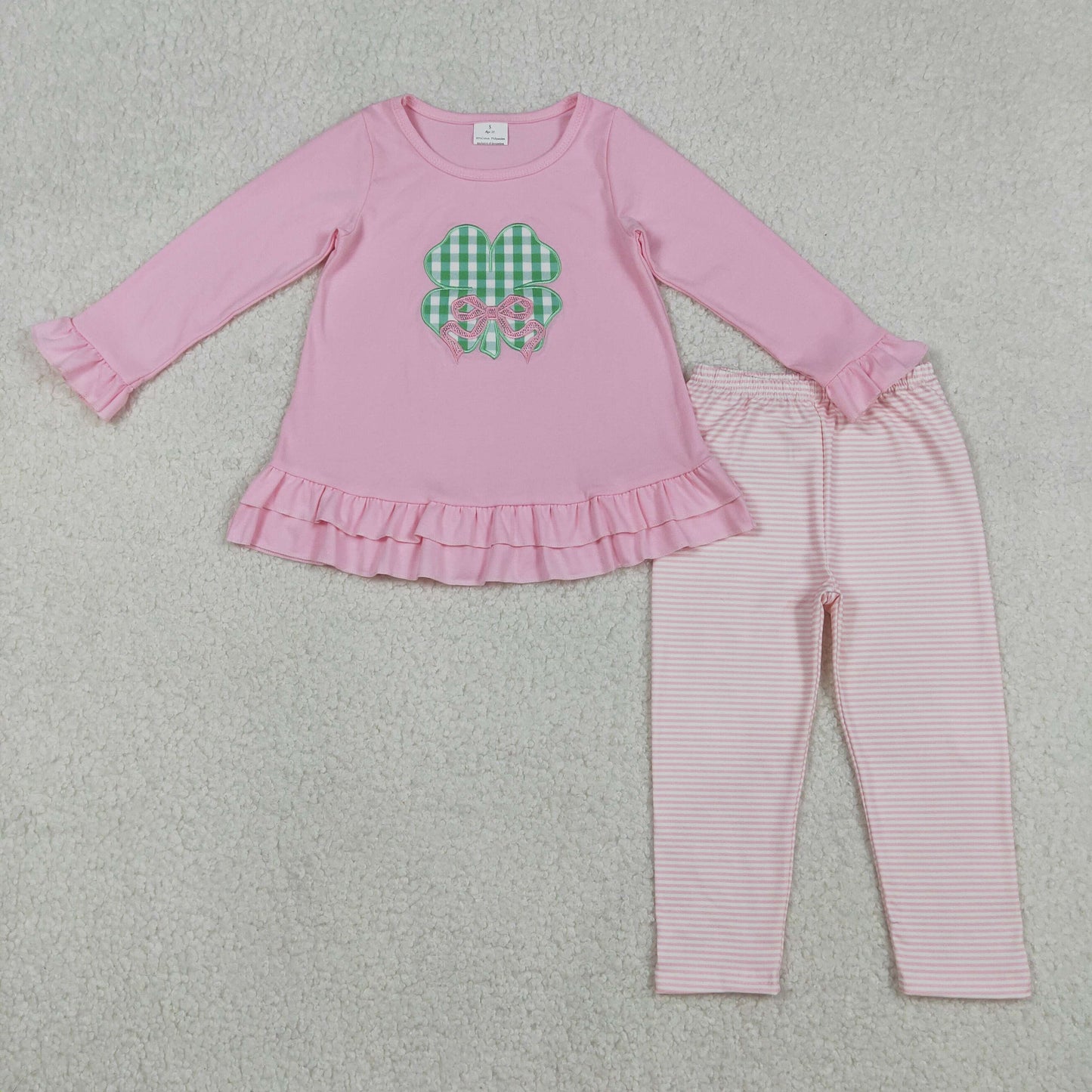 Embroidery GLP2210 St Patrick clover pink long sleeve pants girls set