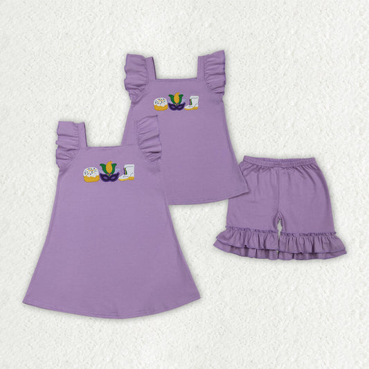 Embroidery Mardi Gras Purple Girls Set/Dress Sibling Clothes