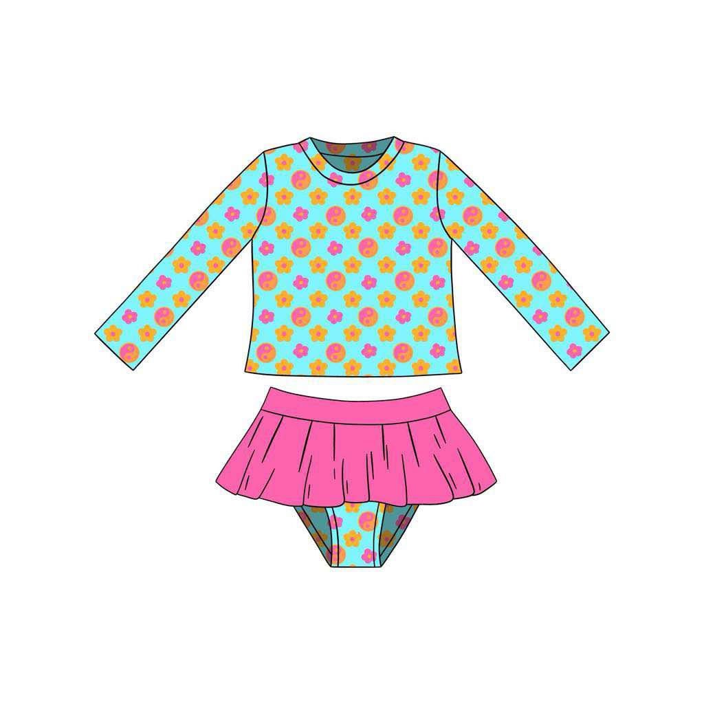 custom flowers green long sleeve girls bathing swimsuits