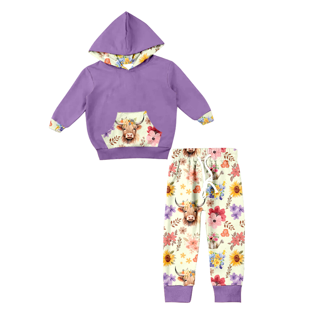 preorder GLP0785  Highland cow flowers purple hoodie girls set