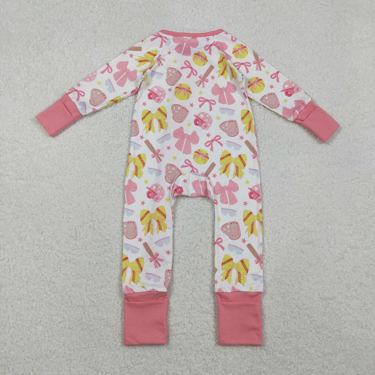 LR2705 softball bows pink bows zipper long sleeve girls romper