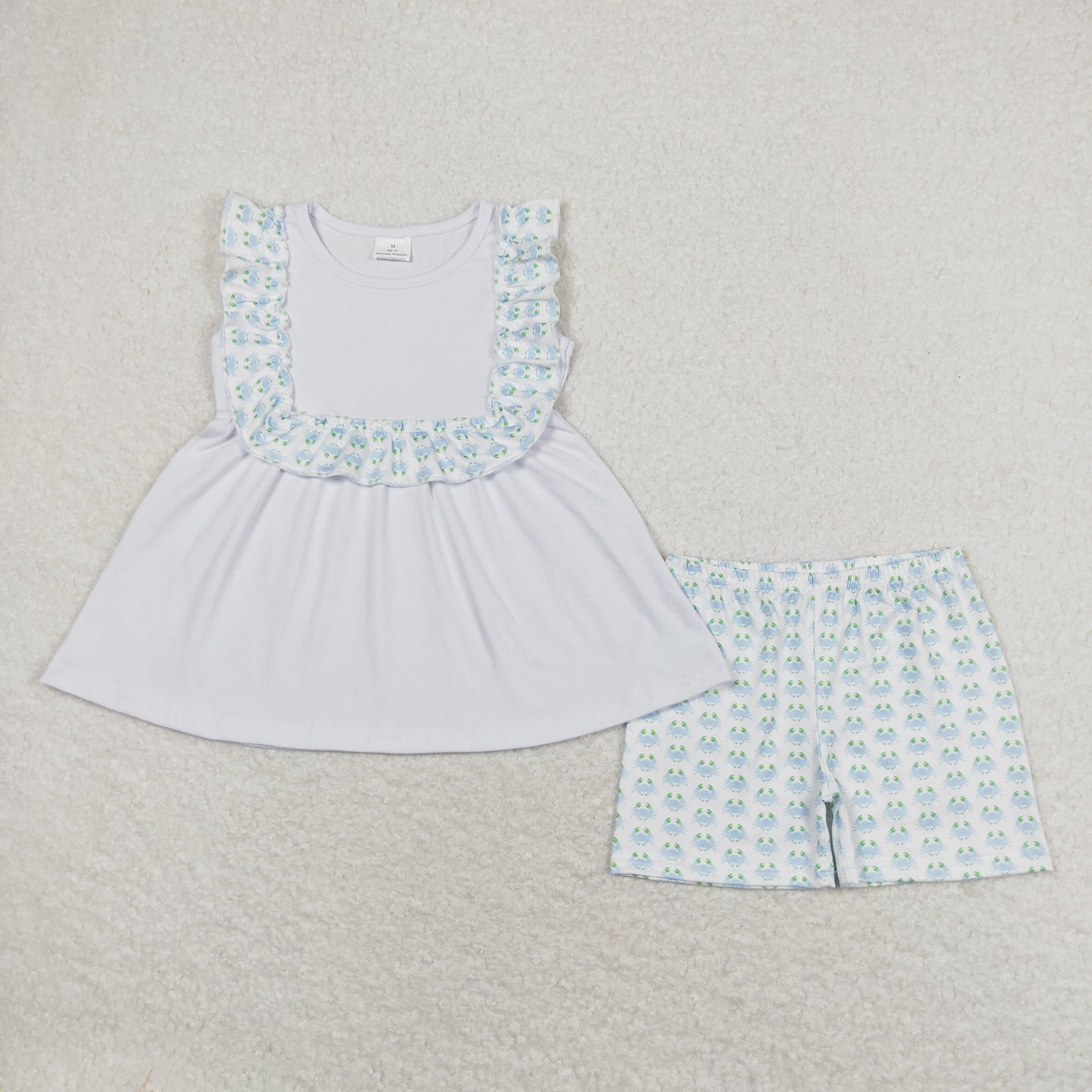 GSSO1009 white sleeveless blue crab shorts girls set