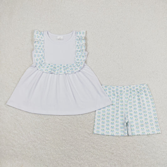 GSSO1009 white sleeveless blue crab shorts girls set