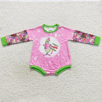 LR0439 Christmas green face pink girls romper