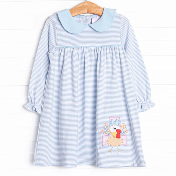 preorder GLD0603 Thanksgiving turkey blue striped long sleeve girls dress