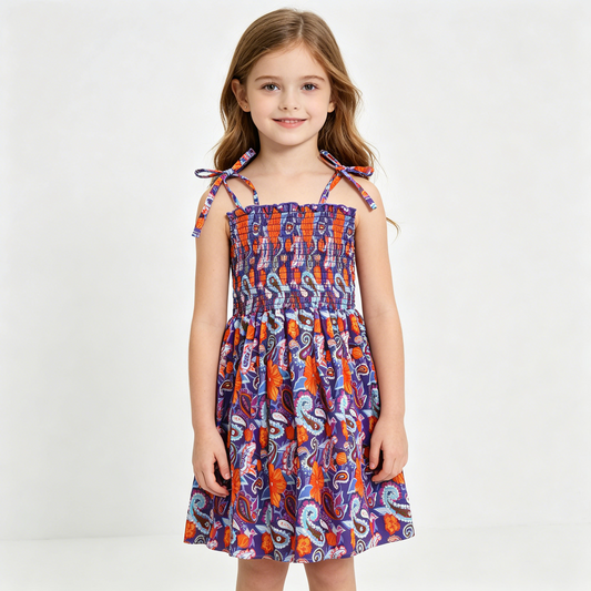 GSD0405 Smocking Stitch Orange Flowers Navy Girls Summer Dress