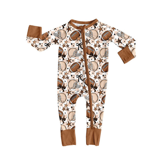 custom moq 5 football star bows brown zipper long sleeve girls romper