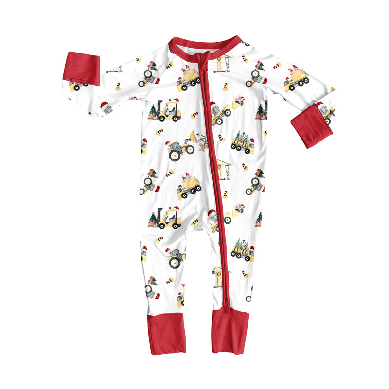 Custom moq 20 bamboo Christmas construction truck red zipper long sleeve boys romper