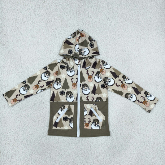 BT1328 Christmas Santa tree deer dark green pockets hoodie long sleeve boys coat