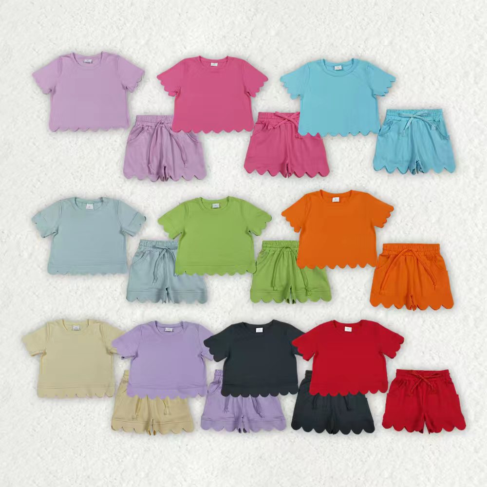 Solid Color Scallop Short Sleeve Shorts Girls Set RTS Sibling Clothes